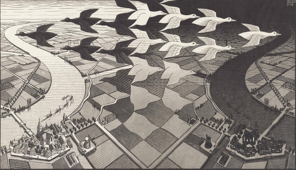 Day and Night is a woodcut made by the Dutch artist M.C. Escher in 1938
