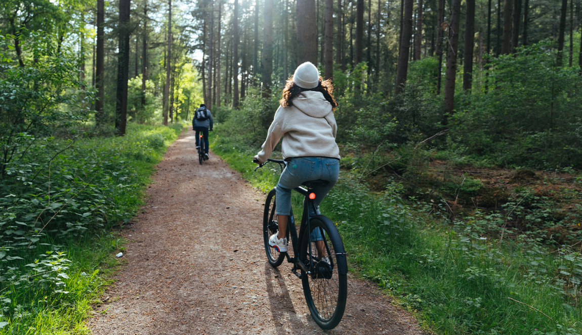 Couple on electric bikes in the forest