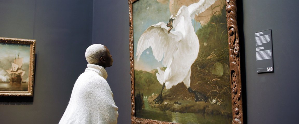 Woman views painting The endangered swan at Rijksmuseum. Painted by Dutch artist Jan Asselijn ca. 1650