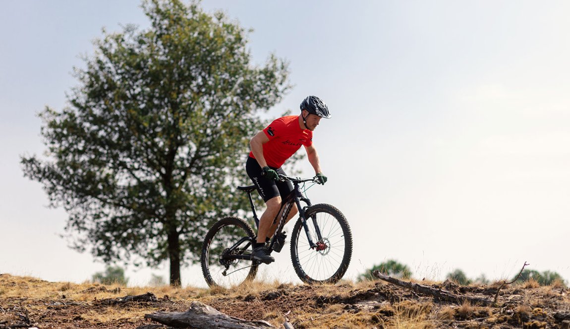 Cyclist on a mountainbike in Drents-Friese Wold   