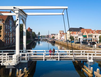 Hanseatic city of Zwolle ladies on Pelserbrug over Thorbeckegracht