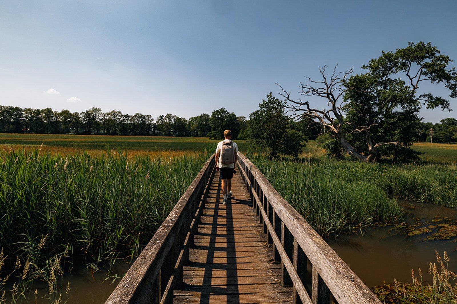 Walking across wooden walkway with backpack Drentsche Aa 