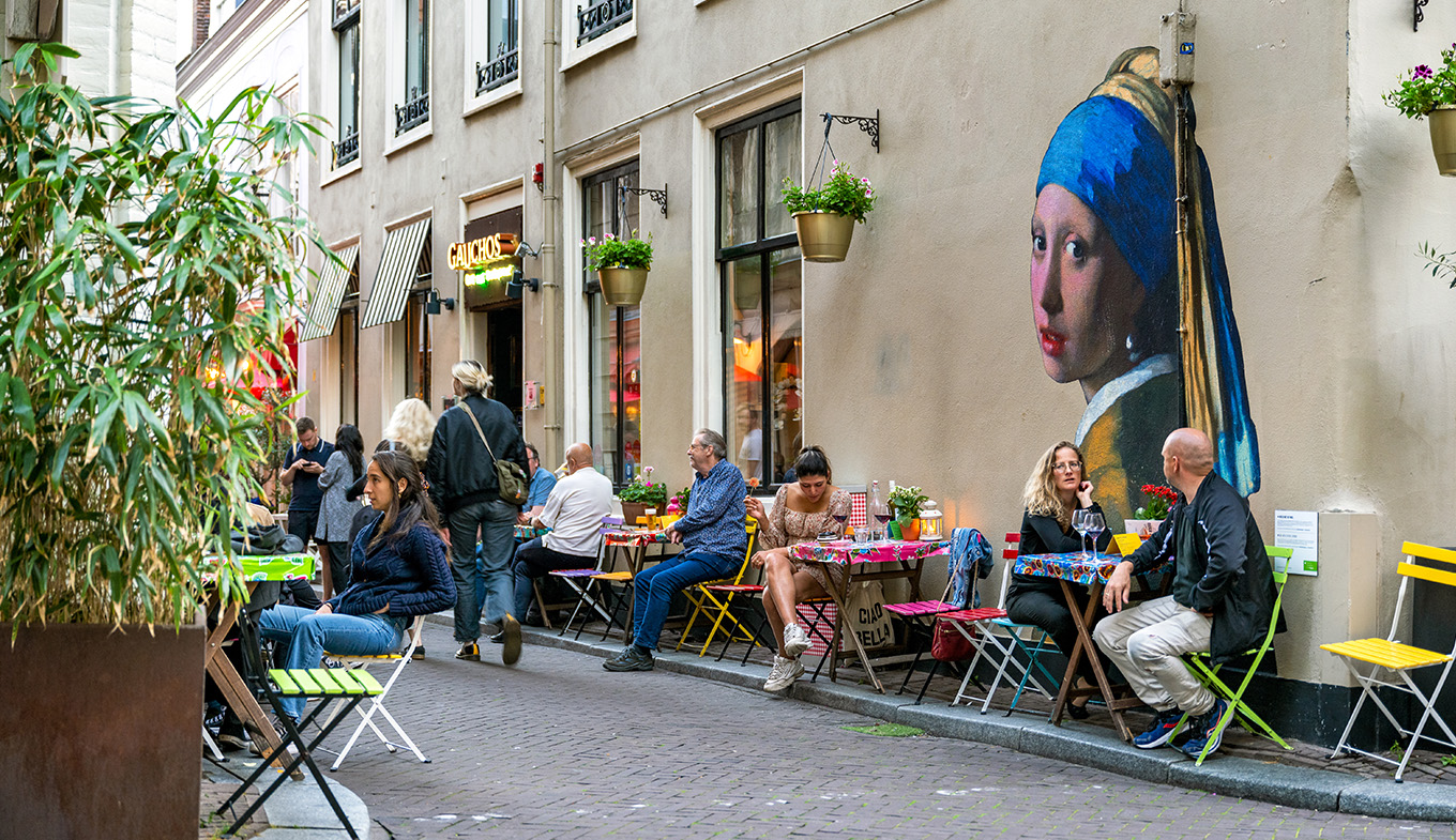 Mural of the Girl with the Pearl Earring by Johannes Vermeer on facade in Oude Molstraat The Hague