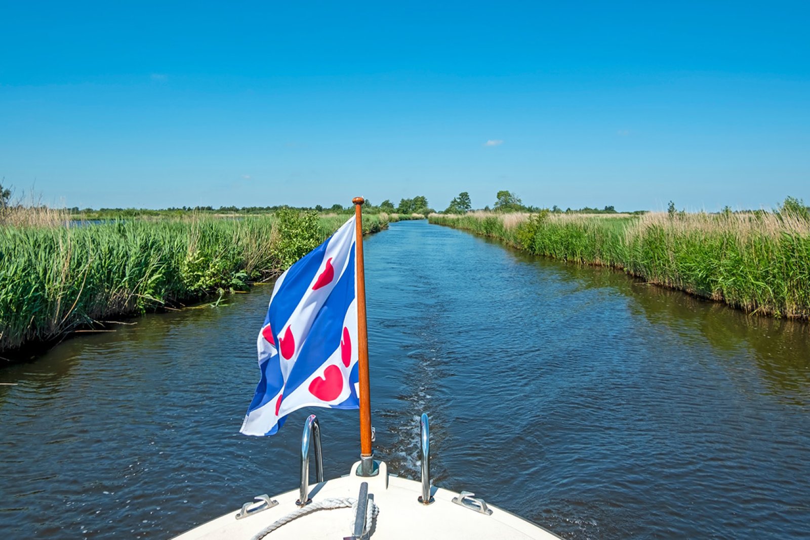 Boat with flag of Friesland sailing through the Alde Feanen National Park