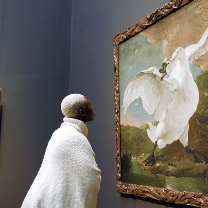 Woman views painting The endangered swan at Rijksmuseum. Painted by Dutch artist Jan Asselijn ca. 1650